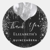 Quinceanera black silver glitter name thank you classic round sticker (Front)