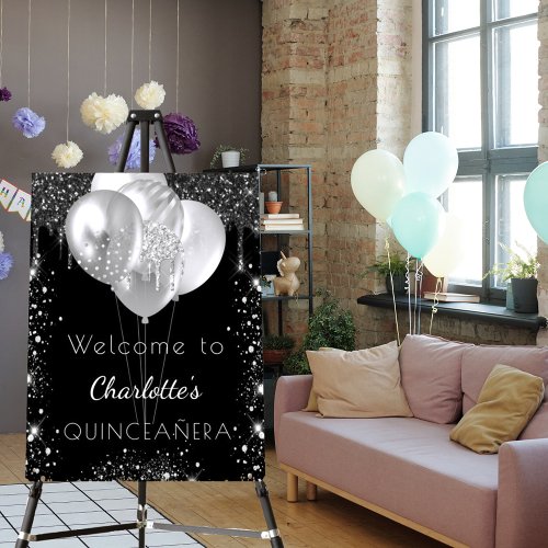 Quinceanera black silver glitter welcome balloons foam board