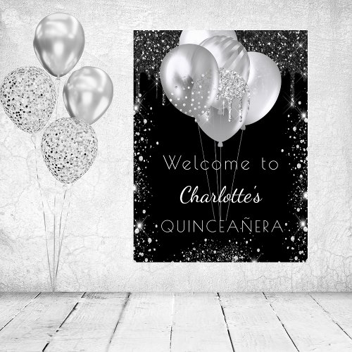 Quinceanera black silver glitter welcome poster