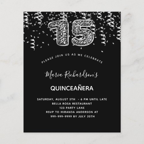 Quinceanera black silver leopard budget invitation