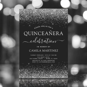 Quinceanera Black Silver Modern Glitter Sparkle Invitation