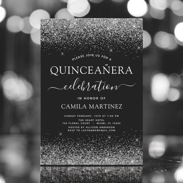 Quinceanera Black Silver Modern Glitter Sparkle Invitation (Creator Uploaded)