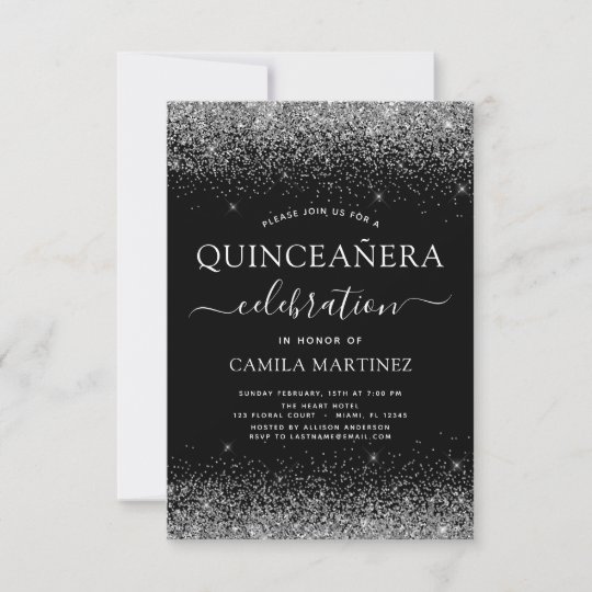 Quinceanera Black Silver Modern Glitter Sparkle Invitation | Zazzle.com