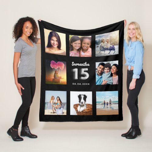 Quinceanera black silver photo collage name fleece blanket