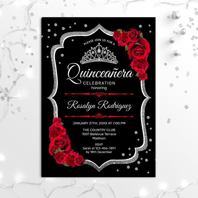 Quinceanera - Black Silver Red Invitation