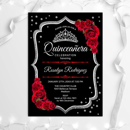Quinceanera _ Black Silver Red Invitation