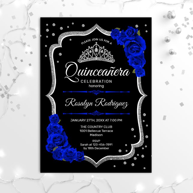 Quinceanera - Black Silver Royal Blue Invitation