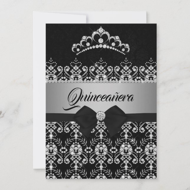 Quinceanera Black Silver Sparkle Diamond Tiara Bow Invitation (Front)