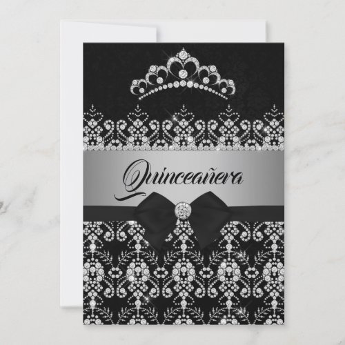 Quinceanera Black Silver Sparkle Diamond Tiara Bow Invitation