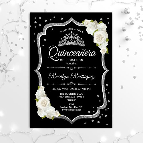 Quinceanera _ Black Silver White Invitation