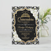 Quinceanera - Black White Gold Invitation (Standing Front)