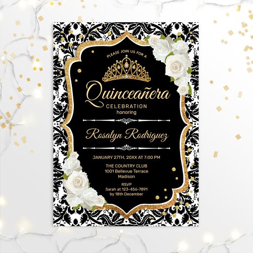 Quinceanera _ Black White Gold Invitation