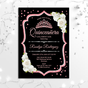 Quinceanera - Black White Rose Gold Invitation