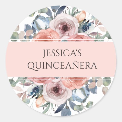 Quinceaera Blissful Floral Envelope SealFavor Classic Round Sticker