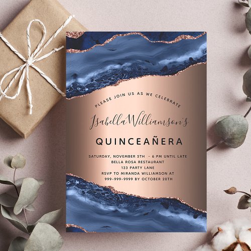 Quinceanera blue agate marble rose gold invitation postcard
