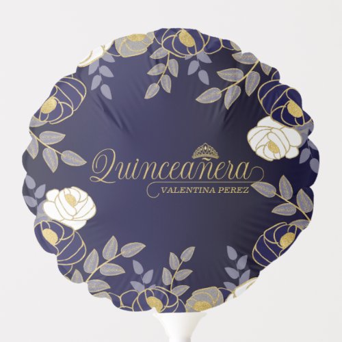 Quinceanera Blue and Gold Floral with Name Date Balloon