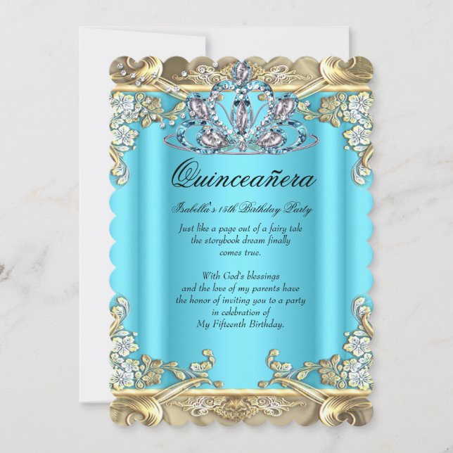 Quinceanera Blue Aqua Teal Gold 15th Birthday Invitation (Front)