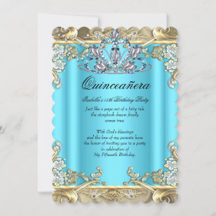 Quinceanera Blue Aqua Teal Gold 15th Birthday Invitation