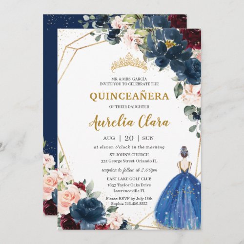 Quinceaera Blue Burgundy Blush Floral Princess  I Invitation