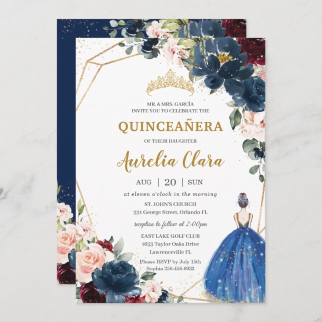 Quinceañera Blue Burgundy Blush Floral Princess  I Invitation (Front/Back)