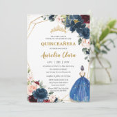 Quinceañera Blue Burgundy Blush Floral Princess  I Invitation (Standing Front)