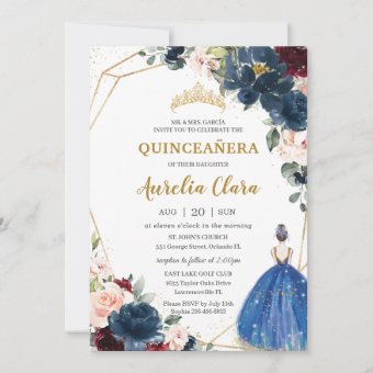 Quinceañera Blue Burgundy Blush Floral Princess I Invitation | Zazzle