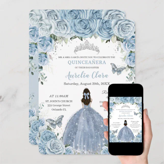 Quinceañera Blue Floral Butterflies Silver Tiara Invitation | Zazzle