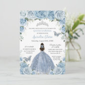 Quinceañera Blue Floral Butterflies Silver Tiara  Invitation (Standing Front)