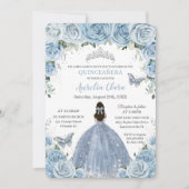 Quinceañera Blue Floral Butterflies Silver Tiara  Invitation (Front)