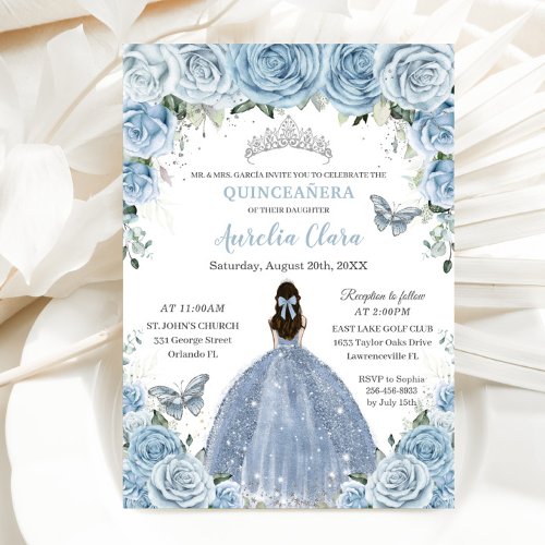 Quinceaera Blue Floral Butterflies Silver Tiara  Invitation