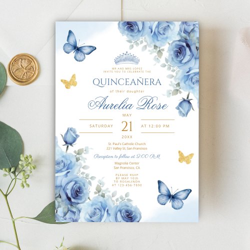 Quinceaera Blue Floral Gold Butterfly Tiara Invitation