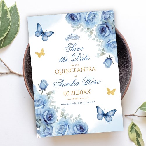 Quinceaera Blue Floral Gold Butterfly Tiara Save The Date