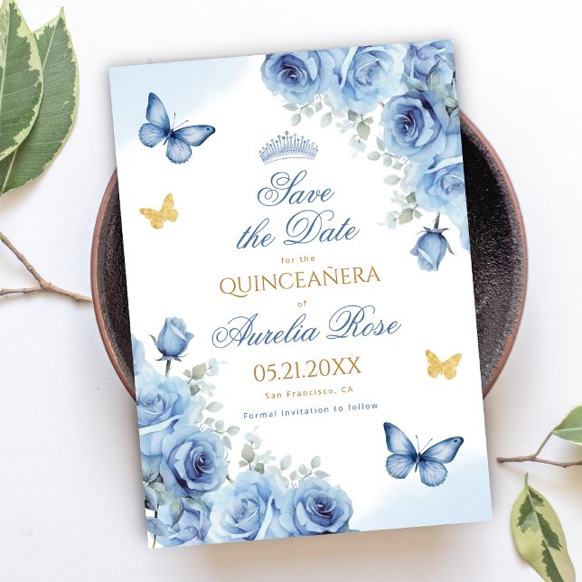 Quinceañera Blue Floral Gold Butterfly Tiara Save The Date (Creator Uploaded)