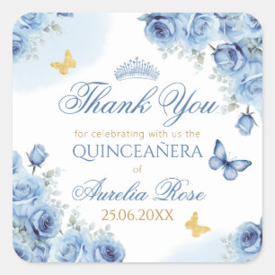 Quinceañera Blue Floral Gold Butterfly Tiara Square Sticker