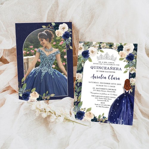 Quinceaera Blue Floral Princess Birthday Photo Invitation