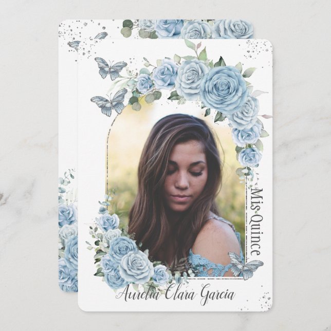 Quinceañera Blue Floral Princess Butterflies Photo Invitation (Front/Back)