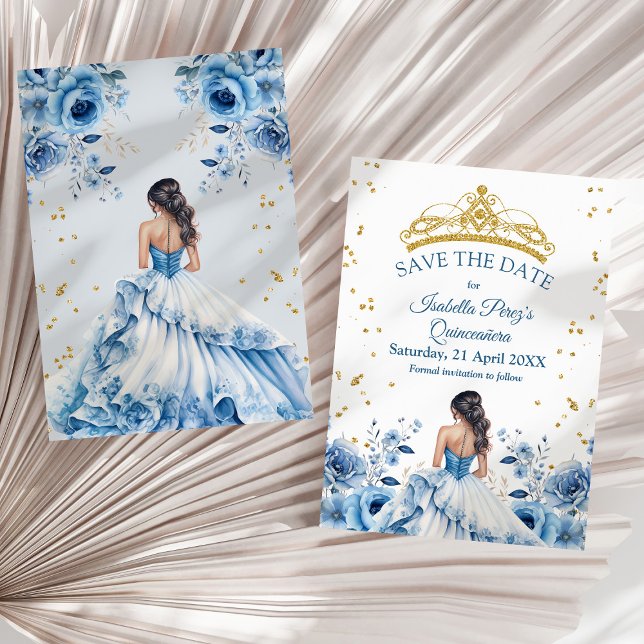 Quinceanera Blue Floral Princess Save the Date  Invitation (Quinceanera Blue Floral Princess Save the Date Invitation on a sunny neutral dry palm leaf.)