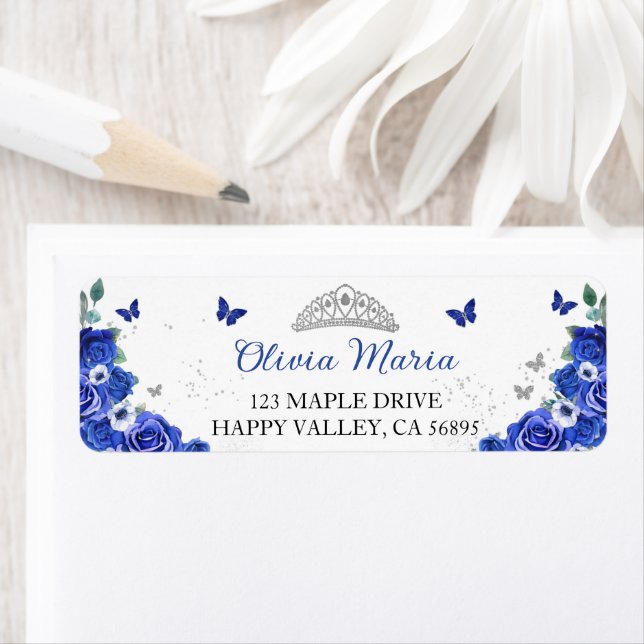 Quinceañera Blue Floral Silver Butterflies Address Label (Insitu)
