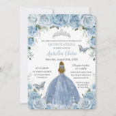 Quinceañera Blue Floral Silver Butterflies Blonde Invitation (Front)