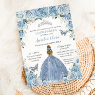 Quinceanera Blue Floral Silver Butterflies Blonde Invitation