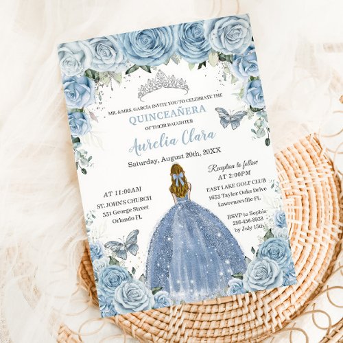 Quinceaera Blue Floral Silver Butterflies Blonde Invitation