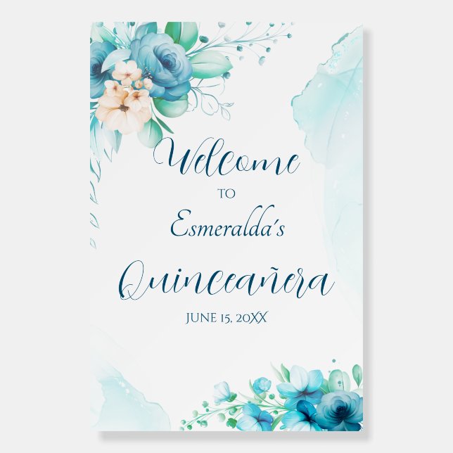 Quinceañera Blue Floral Welcome Sign (Front)
