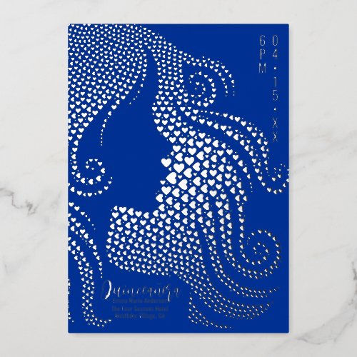 Quinceaera Blue Girl Silhouette in Hearts Silver Foil Holiday Card