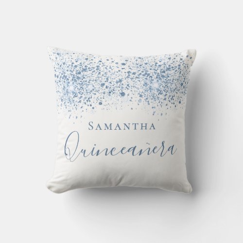 Quinceanera blue glitter drops monogram white throw pillow