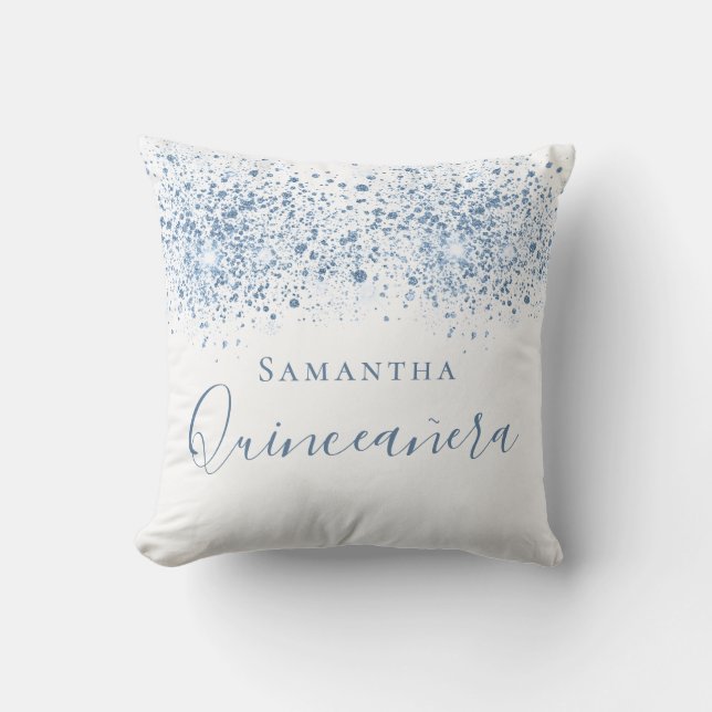 Quinceanera blue glitter drops monogram white throw pillow (Front)