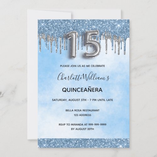 Quinceanera blue glitter silver elegant luxurious invitation