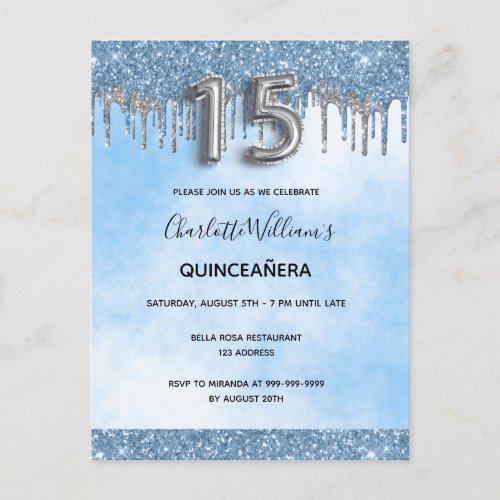 Quinceanera blue glitter silver elegant luxurious invitation postcard