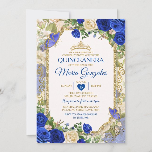 Quinceañera Blue & Gold Crown Mexican Butterfly Invitation (Front)