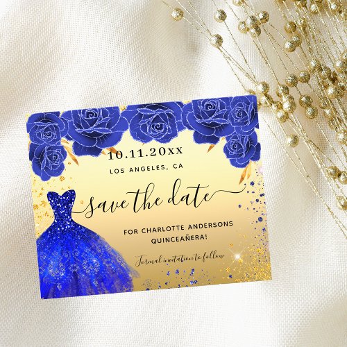 Quinceanera blue gold dress budget save the date