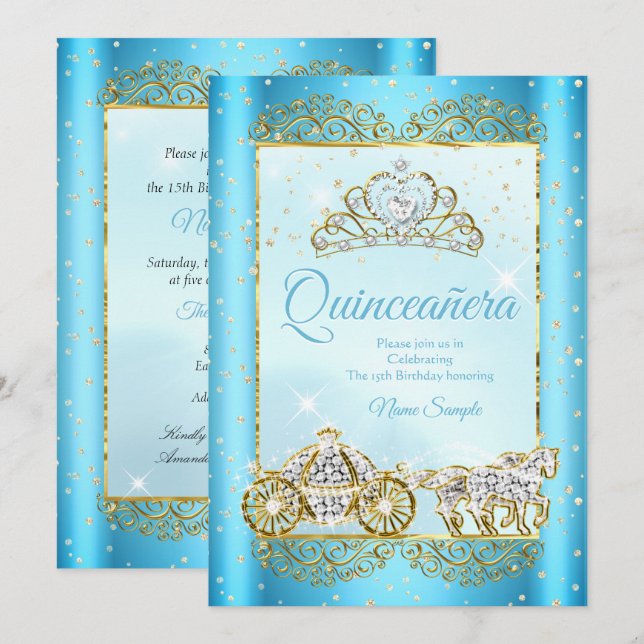 Quinceanera  Blue Gold fairytale Cinderella Invitation (Front/Back)